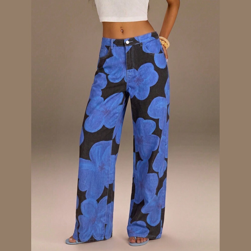 Blue Floral Print Denim Wide Leg Jeans